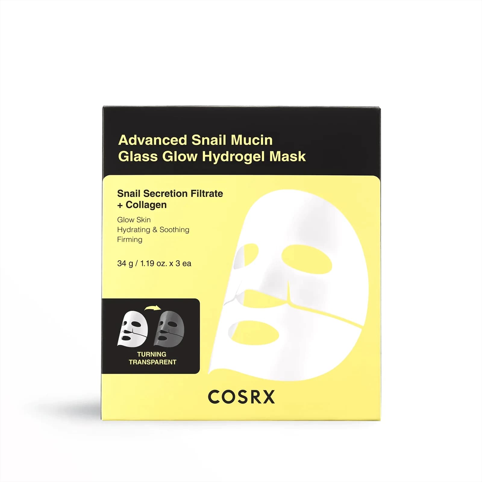 Mascarilla de hidrogel premium con 25% de mucina de caracol y colágeno que hidrata intensivamente y da un efecto de “piel de cristal” (glass glow).